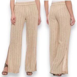 Drew-Size L-Striped-Linen Blend-Wide Leg-Side Slit-Pants-Natural Burlap Color